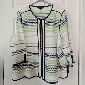 Ming Wang Women's 2x Open Front Geo Pattern 3/4 Sleeve Zipper Cuff Cardigan